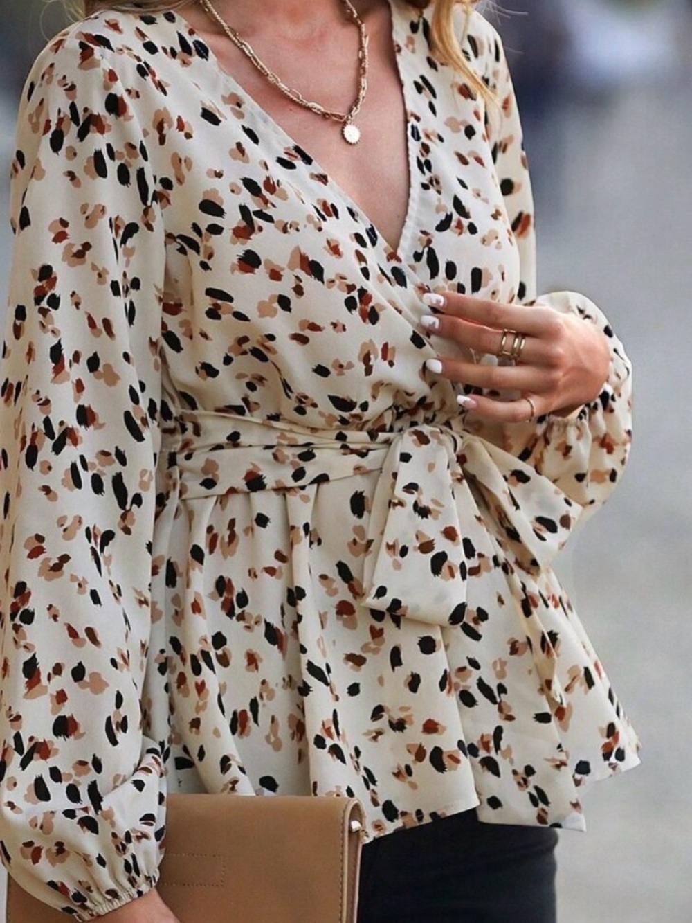 Apricot Casual Women's Allover Print Lantern Sleeve Belted Peplum Blouse